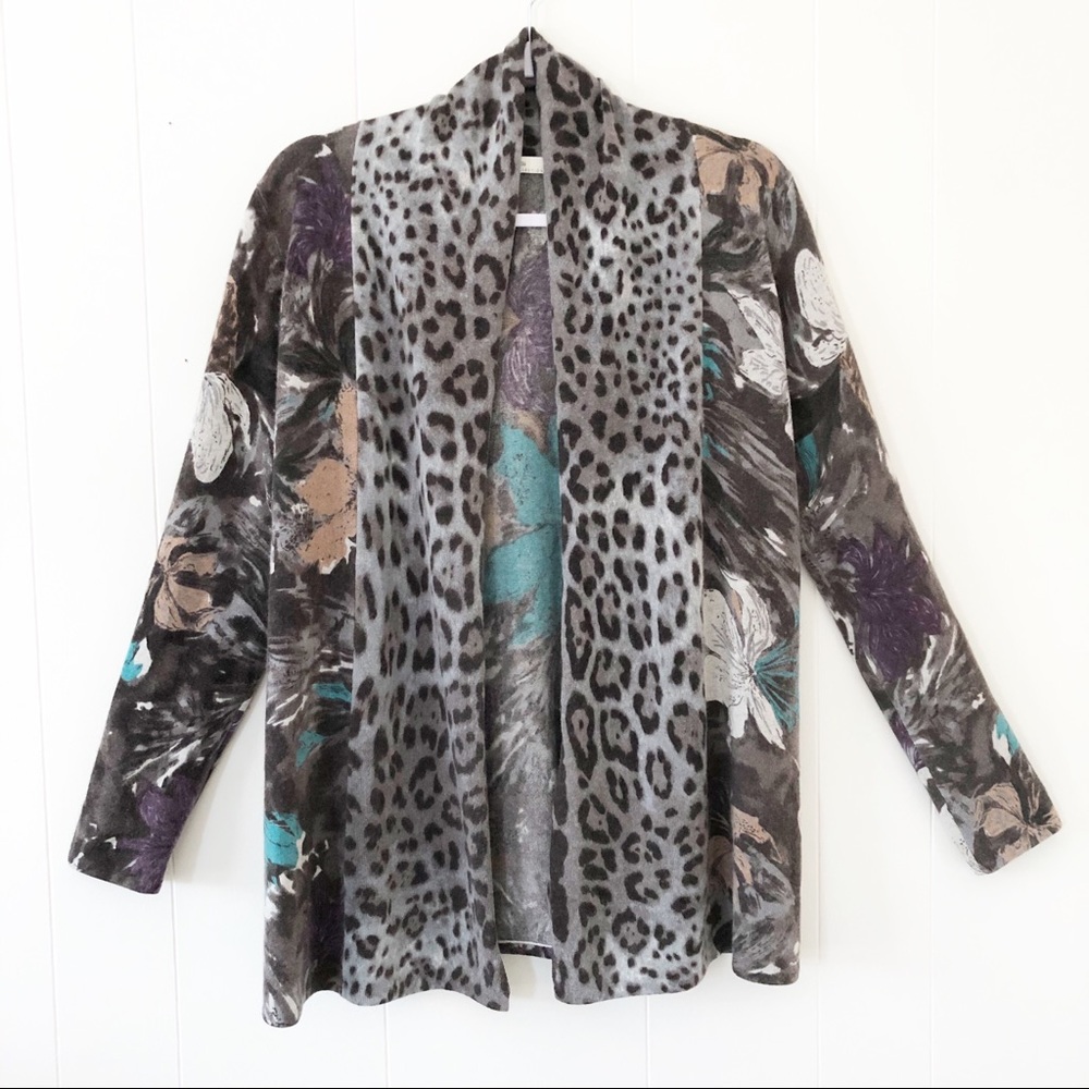 Neiman Marcus Cashmere Leopard Floral Cardigan